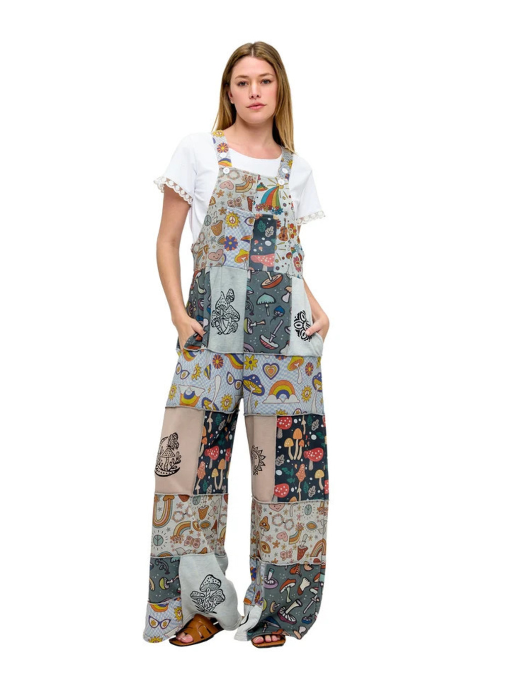 26887 | Yak & Yeti Boho Whimsical Mushroom Patchwork Overalls | Sizes S/M-L/XL